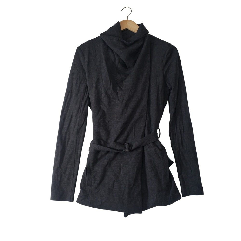 Helmut Lang Belted Wool Wrap Jacket Womens Medium‎ Gray Draped Funnel Neck Coat